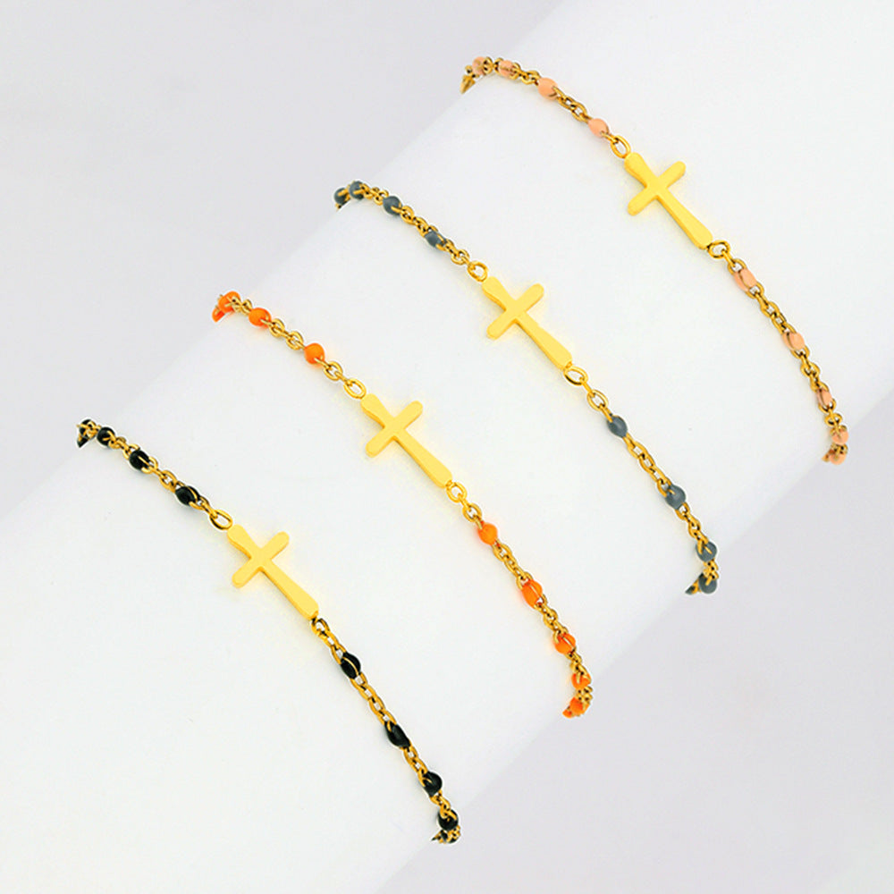 Bracelet croix tendance en perles de rocaille colorées à effet goutte d’huile, simple et polyvalent