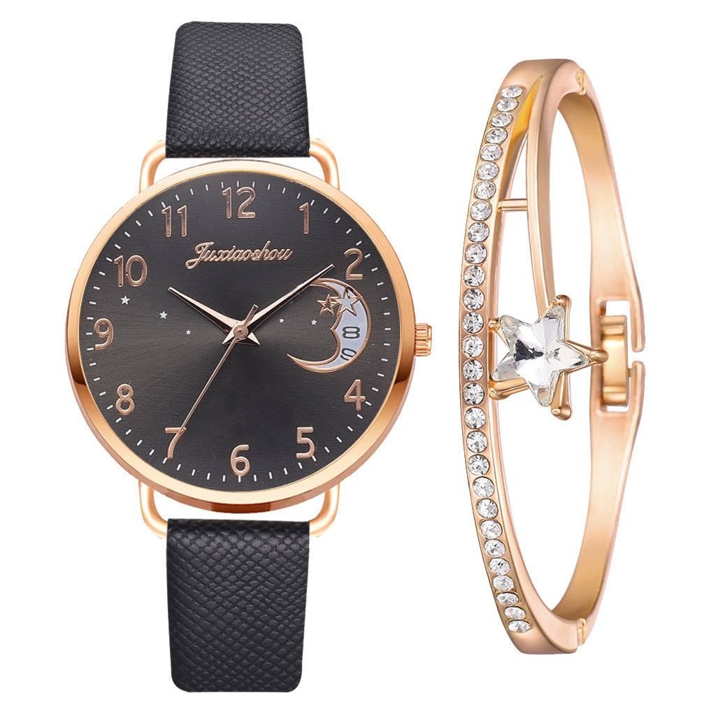 Montre pour femme en quartz avec motif lune, cadran élégant et bracelet — montre-bracelet pour dames.