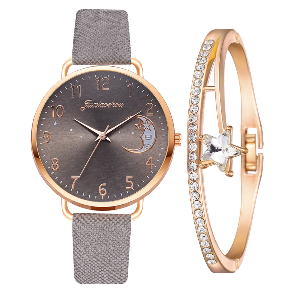 Montre pour femme en quartz avec motif lune, cadran élégant et bracelet — montre-bracelet pour dames.