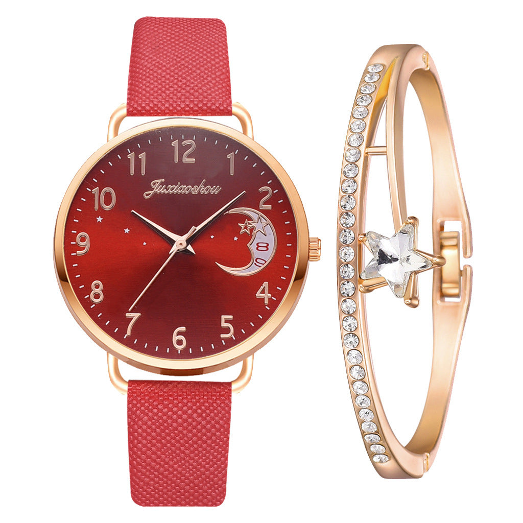 Montre pour femme en quartz avec motif lune, cadran élégant et bracelet — montre-bracelet pour dames.