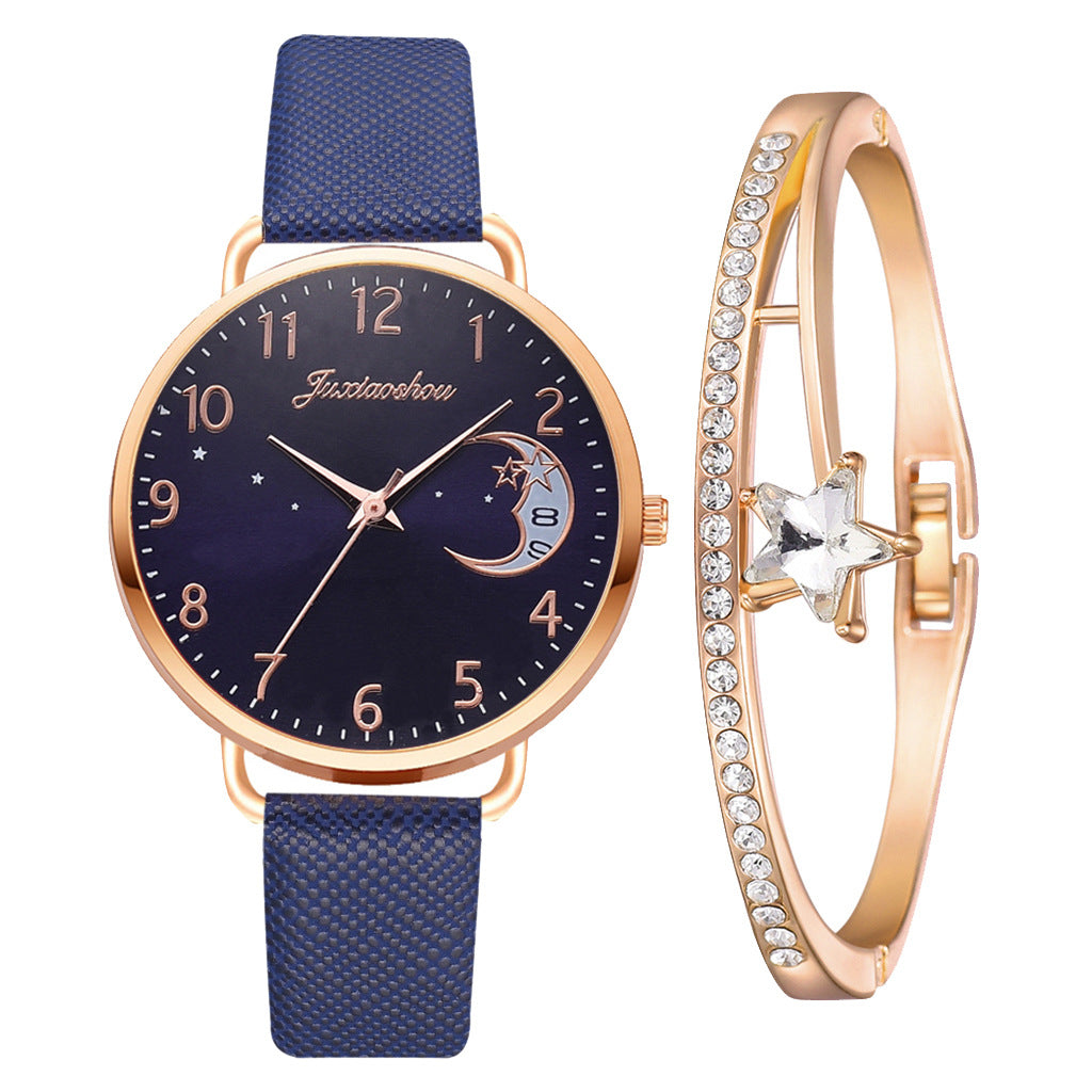 Montre pour femme en quartz avec motif lune, cadran élégant et bracelet — montre-bracelet pour dames.