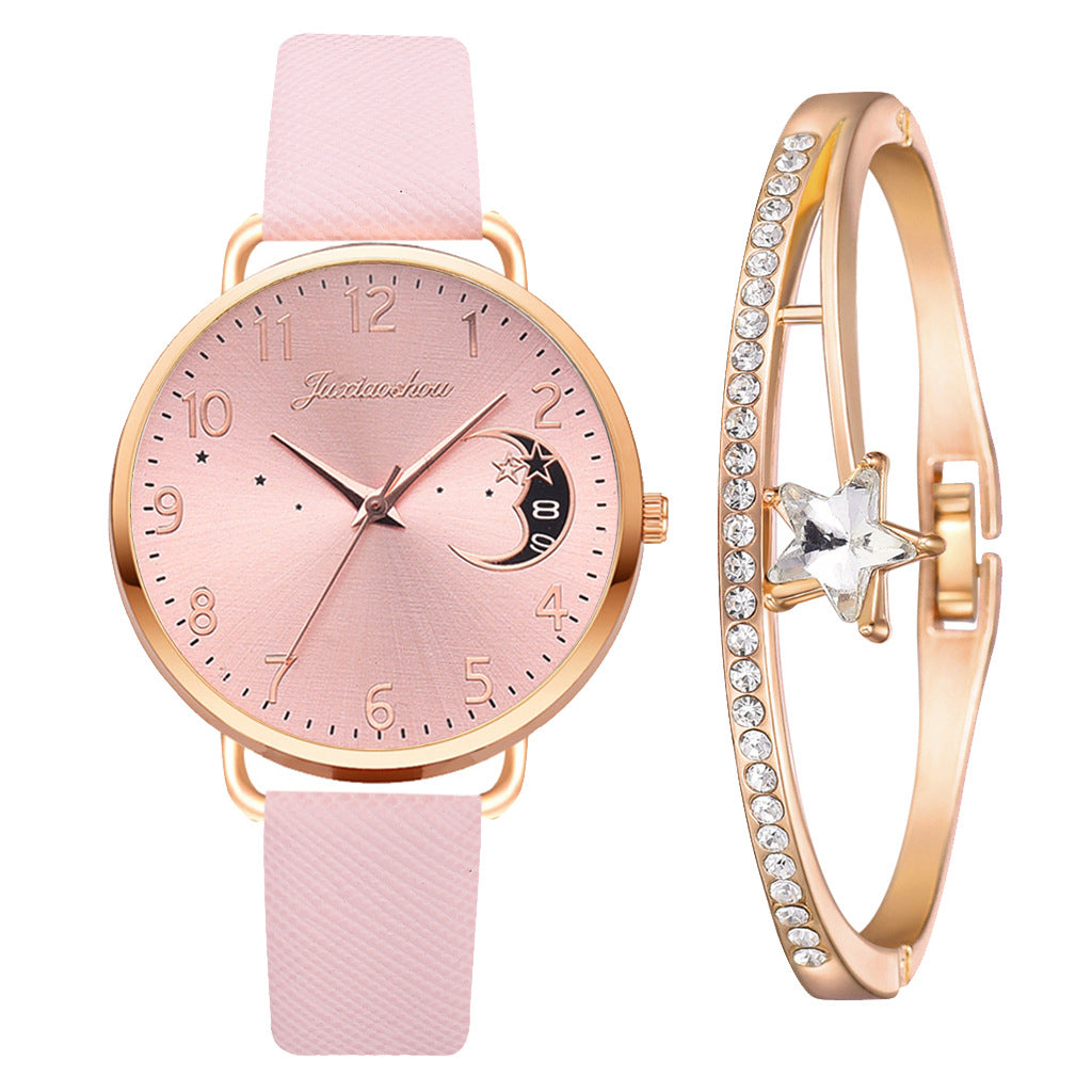 Montre pour femme en quartz avec motif lune, cadran élégant et bracelet — montre-bracelet pour dames.