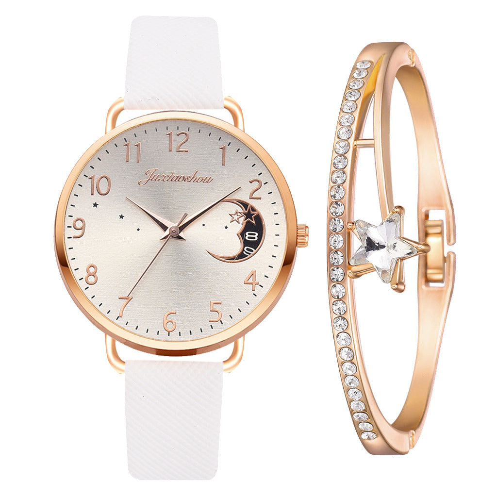 Montre pour femme en quartz avec motif lune, cadran élégant et bracelet — montre-bracelet pour dames.