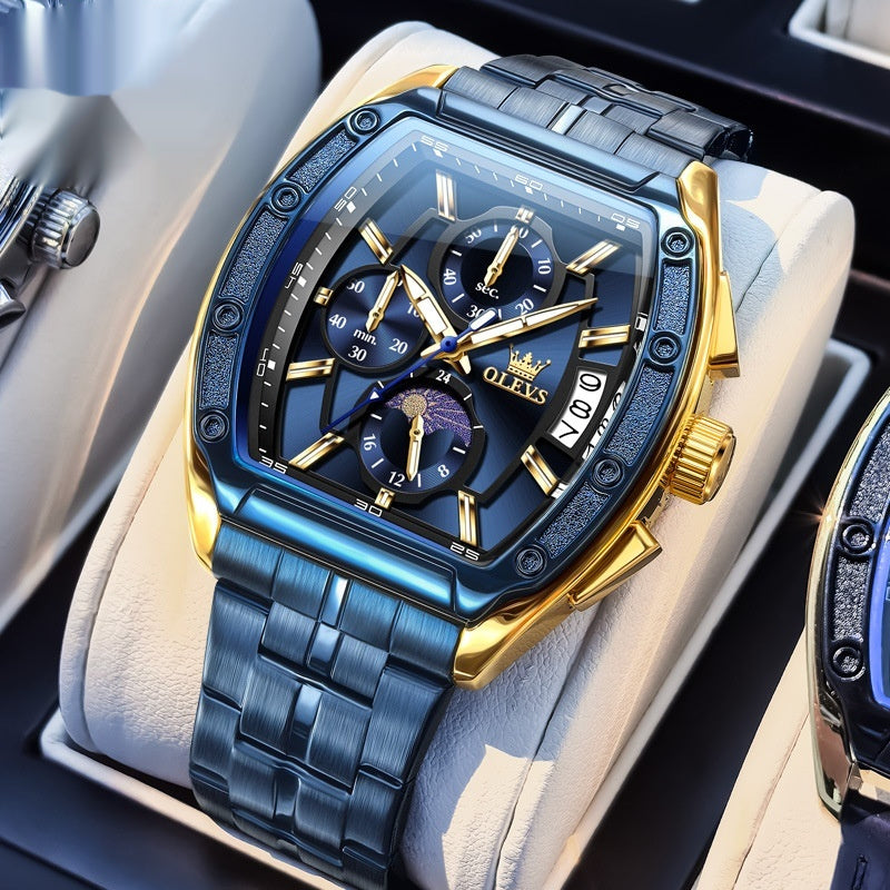 Montre homme à quartz, lumineuse, boîtier tonneau avec bracelet en acier.