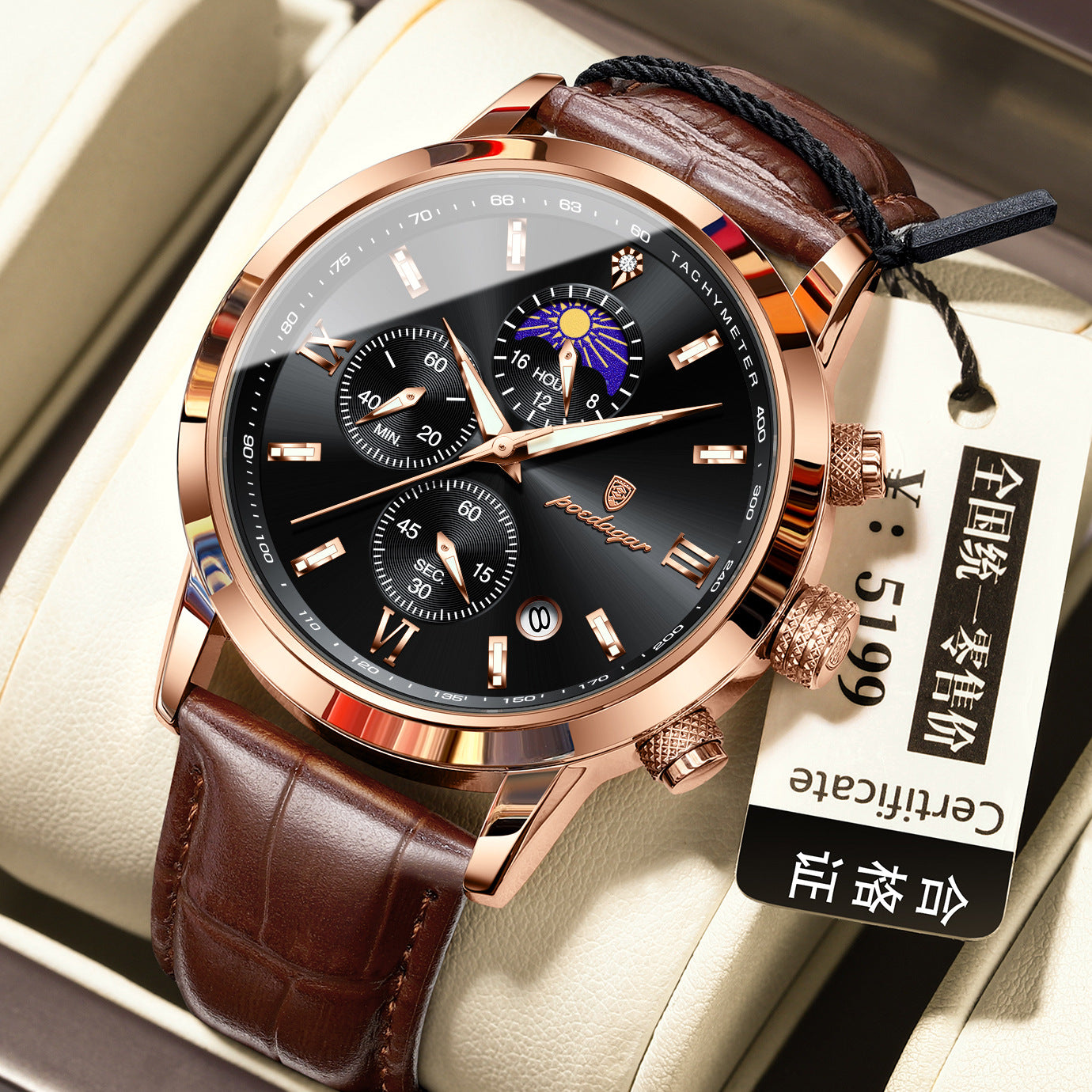 Montre homme avec phase de lune et chronographe multifonction