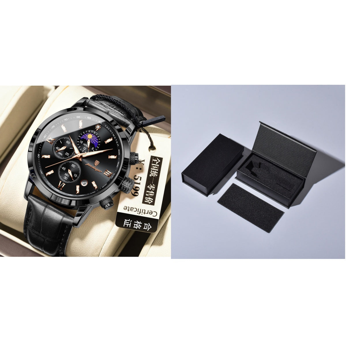 Montre homme avec phase de lune et chronographe multifonction