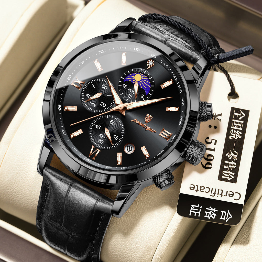 Montre homme avec phase de lune et chronographe multifonction