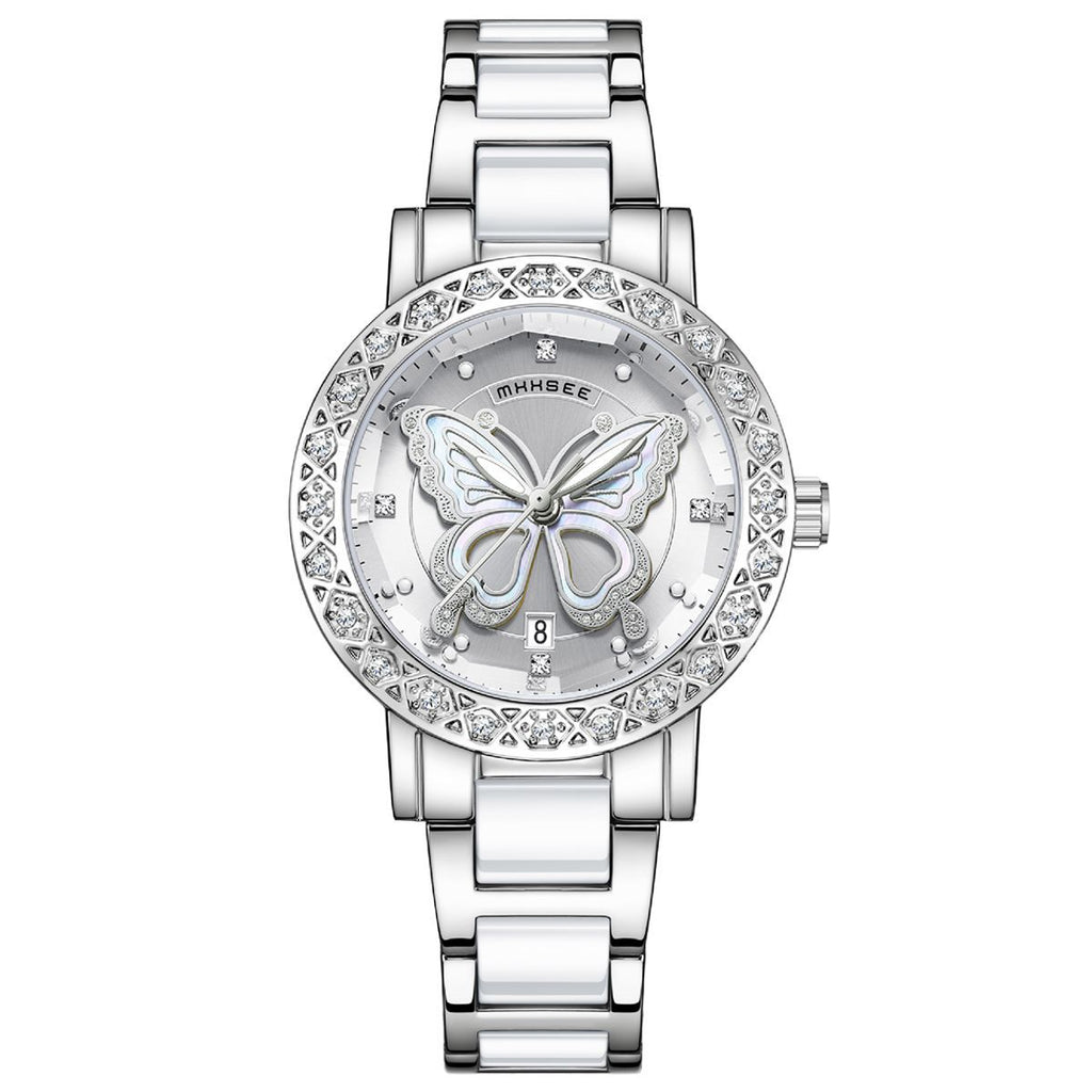 Montre de luxe pour femme ornée de diamants en forme de papillon, avec calendrier et bracelet en acier