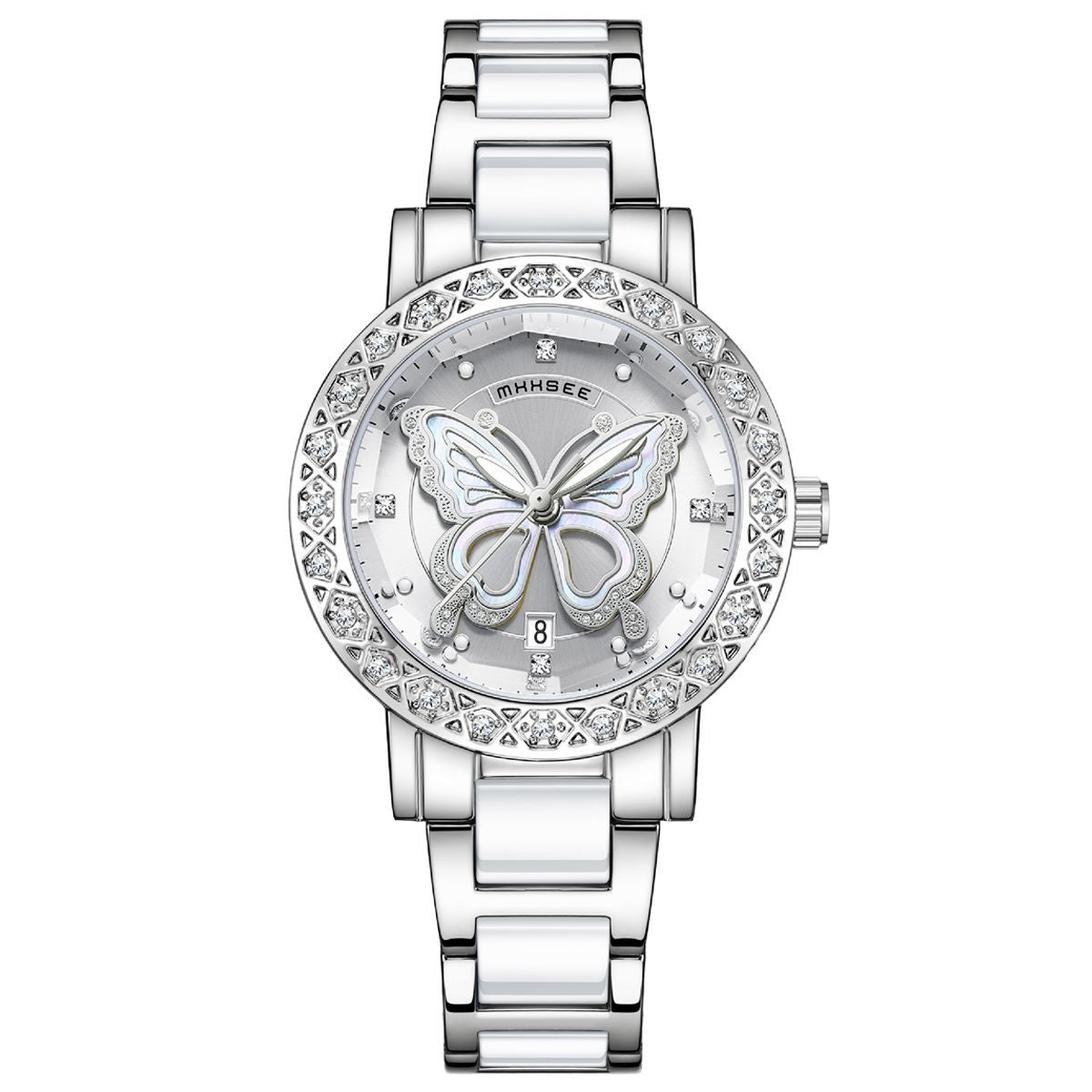 Montre de luxe pour femme ornée de diamants en forme de papillon, avec calendrier et bracelet en acier