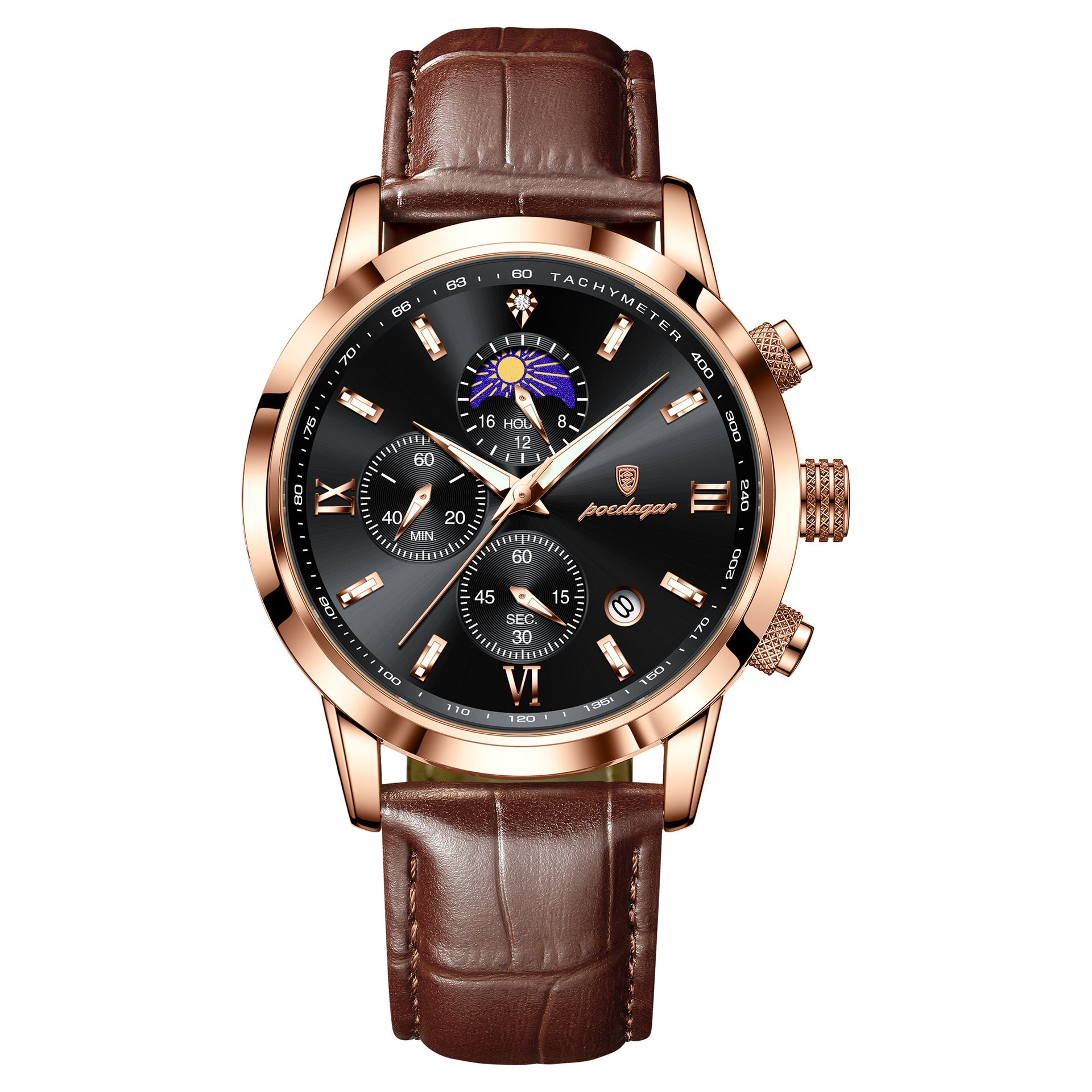 Montre homme avec phase de lune et chronographe multifonction