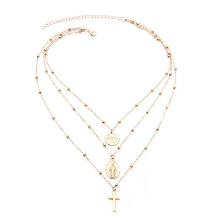 Collier ras-du-cou long à chaînes et perles superposées pour femme, style sexy et tendance, couleur or ou argent, avec pendentifs ronds et croix — bijoux.