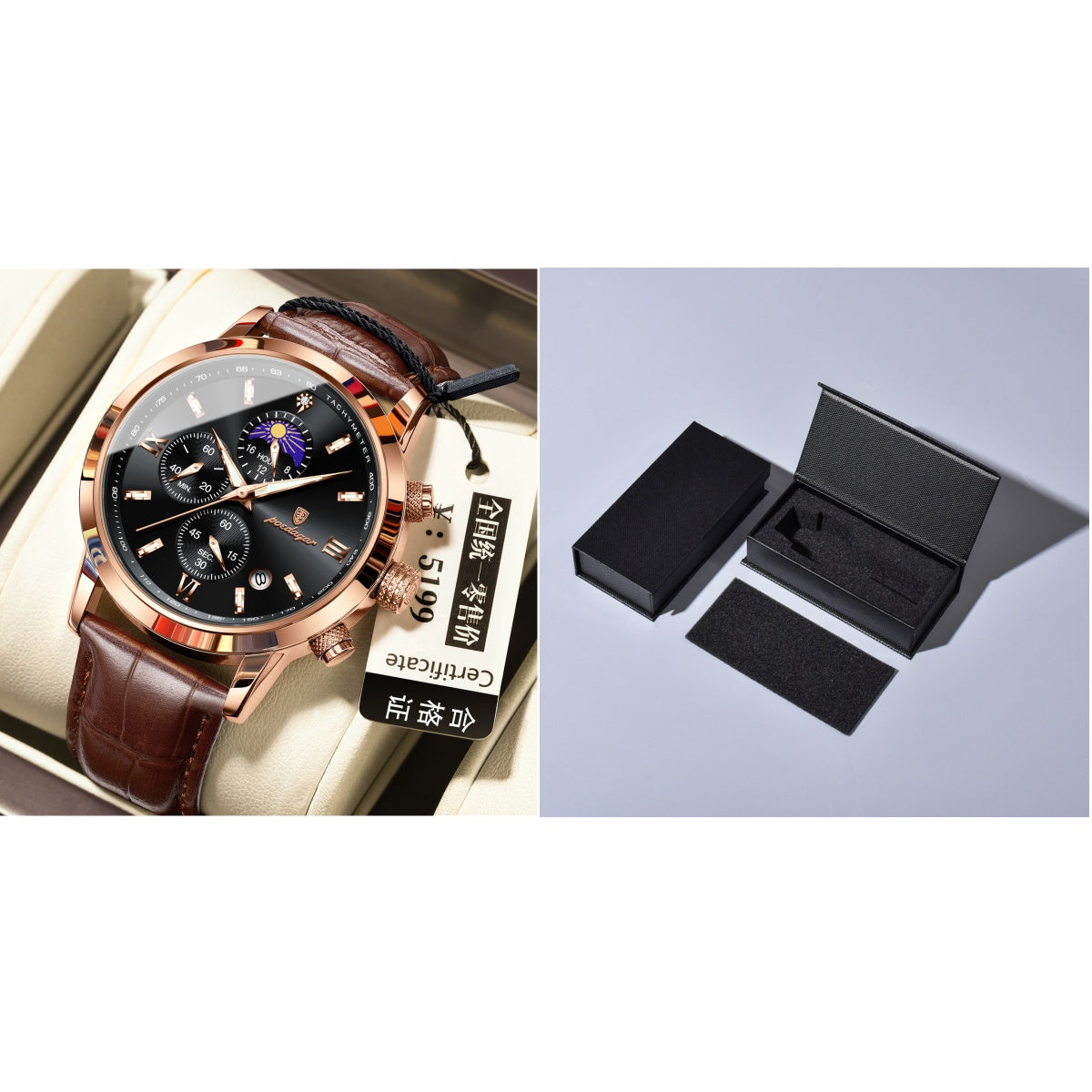 Montre homme avec phase de lune et chronographe multifonction