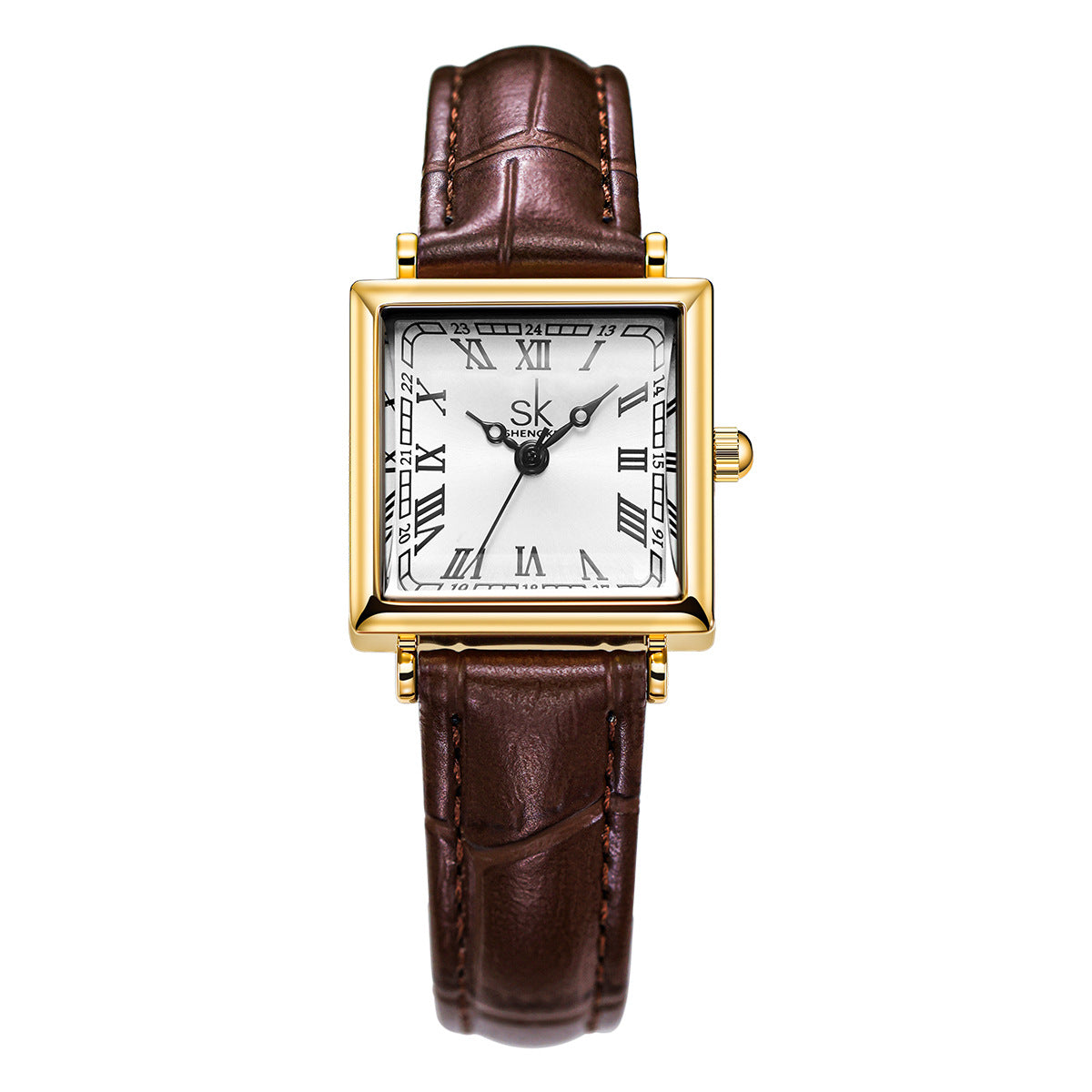 Montre pour femme à petit cadran carré de style rétro avec bracelet en cuir