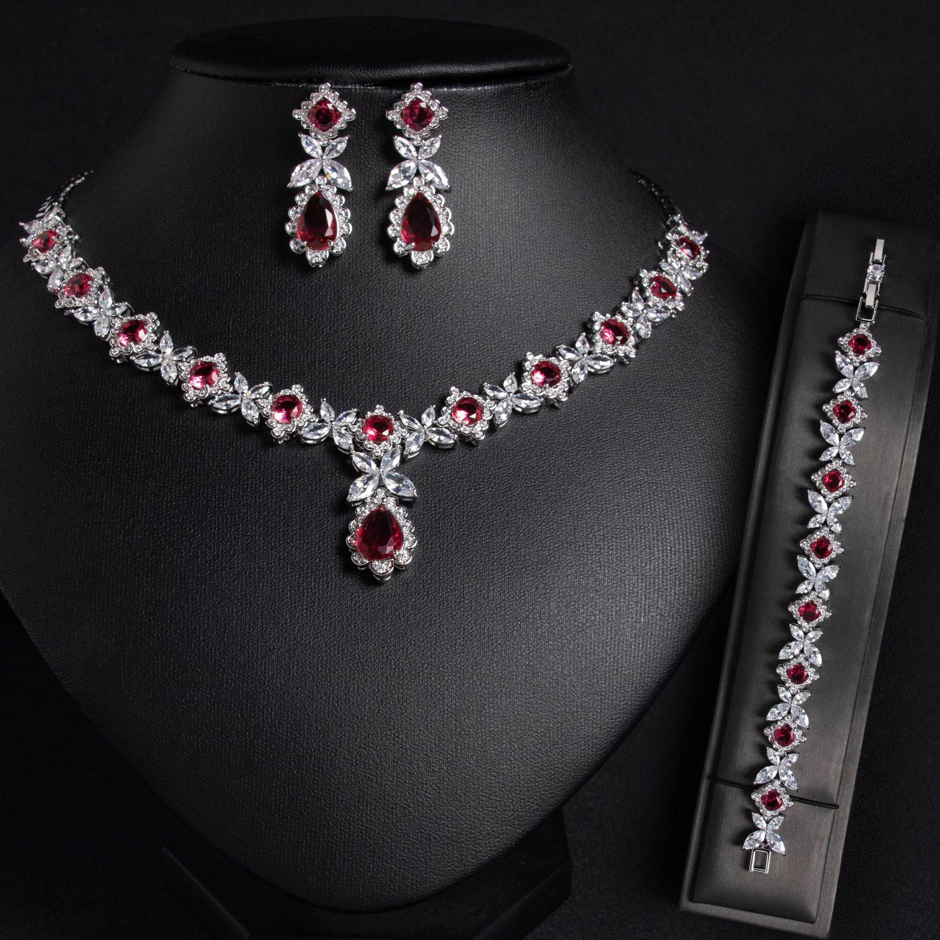 Parure de mariée trois pièces (collier, boucles d’oreilles et bracelet) en zircon, style européen et américain, pour robe de mariage