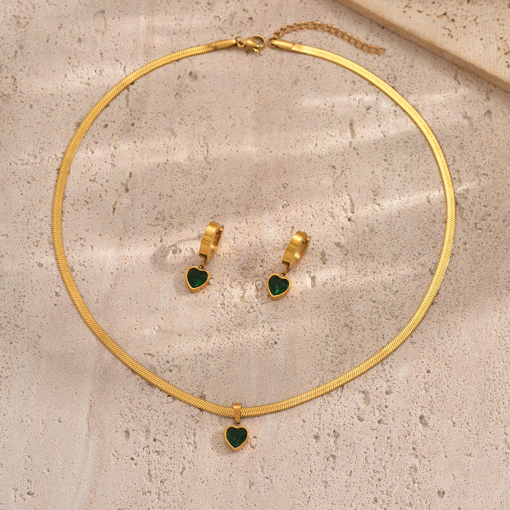Parure de bijoux Lxalry en acier inoxydable plaqué or 18 carats avec cœur vert pour femme – étanche, hypoallergénique, collier et boucles d’oreilles élégants, cadeau idéal pour anniversaire, mariage, anniversaire de mariage, Noël ou usage quotidien
