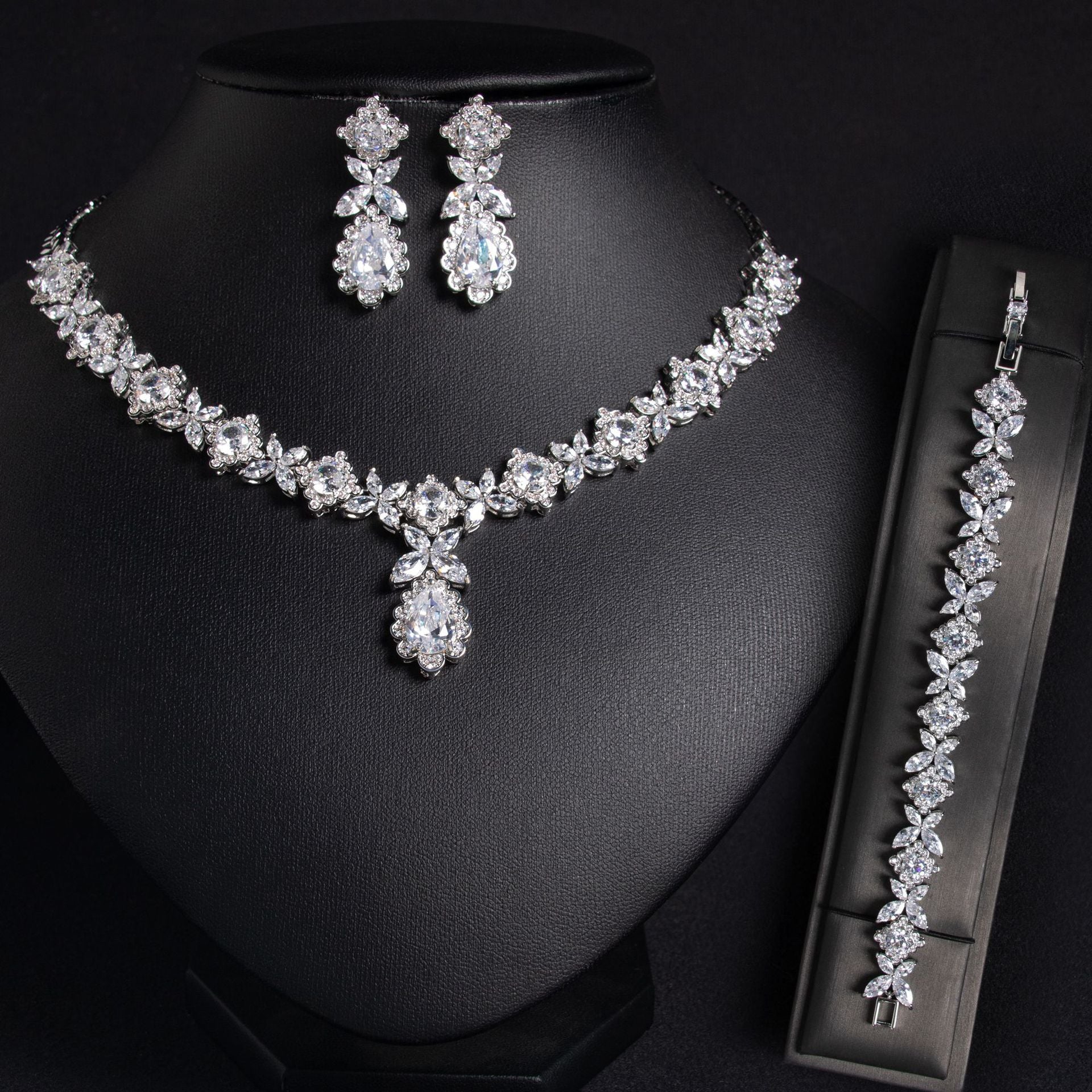 Parure de mariée trois pièces (collier, boucles d’oreilles et bracelet) en zircon, style européen et américain, pour robe de mariage