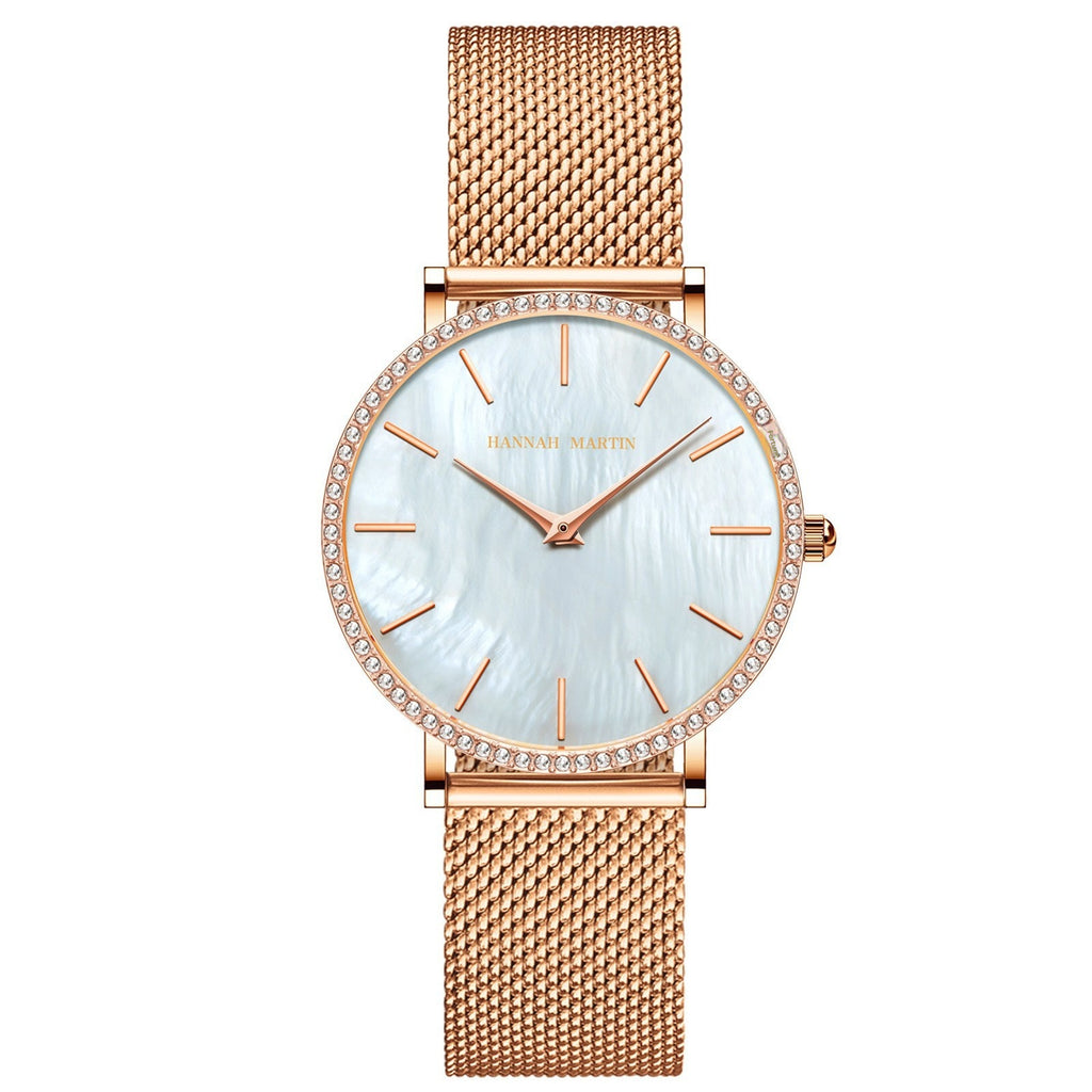 Montre à quartz pour femme en acier inoxydable, boîtier et bracelet entièrement en acier, cadran nacré serti de diamants