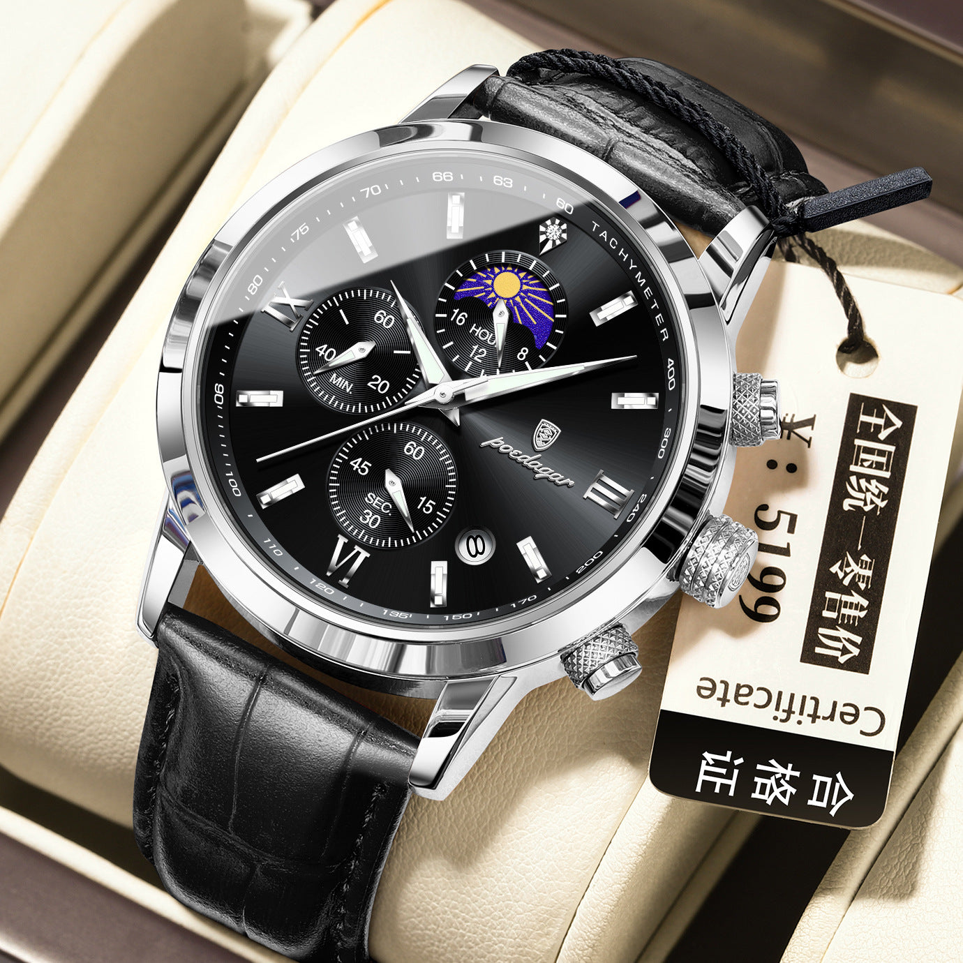 Montre homme avec phase de lune et chronographe multifonction