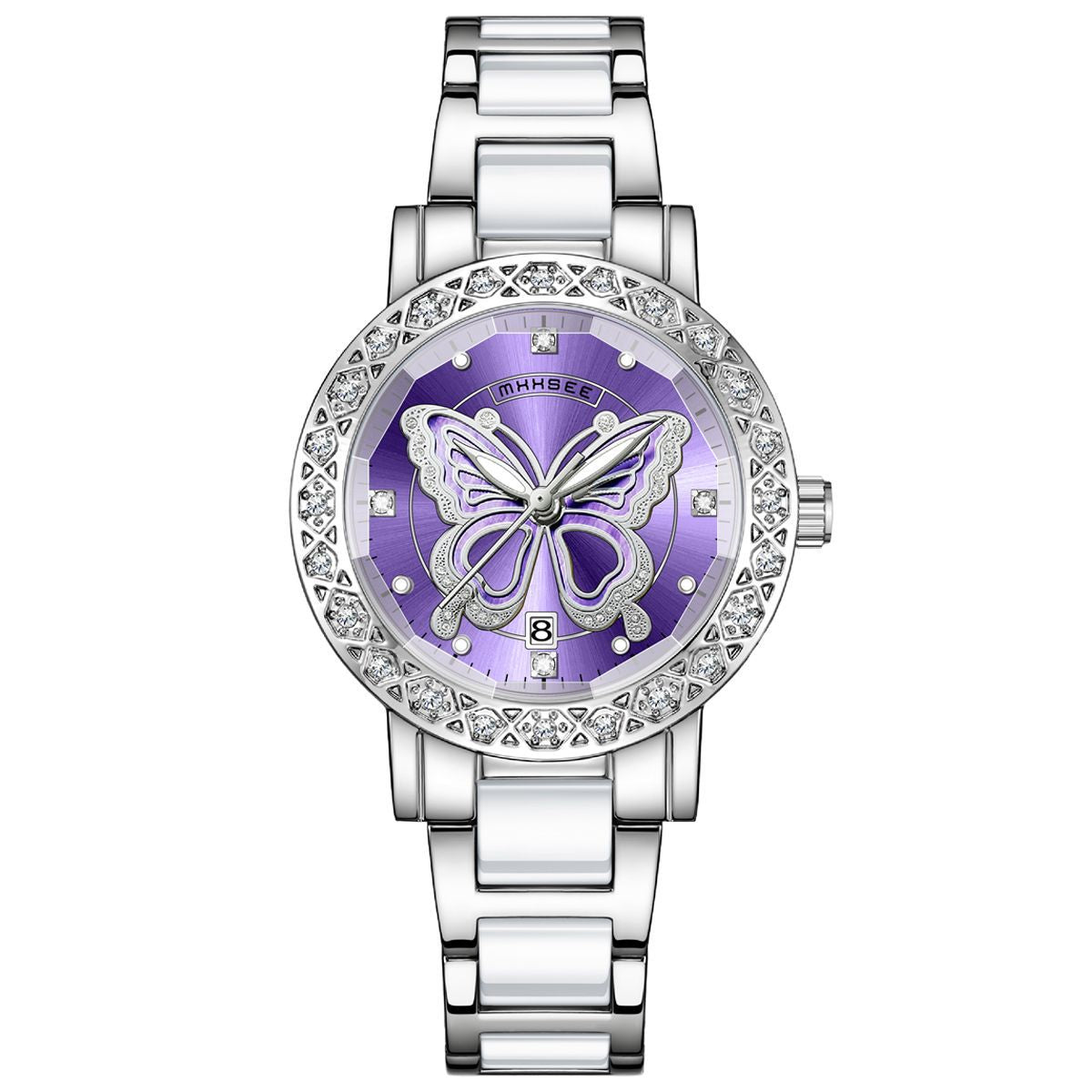Montre de luxe pour femme ornée de diamants en forme de papillon, avec calendrier et bracelet en acier