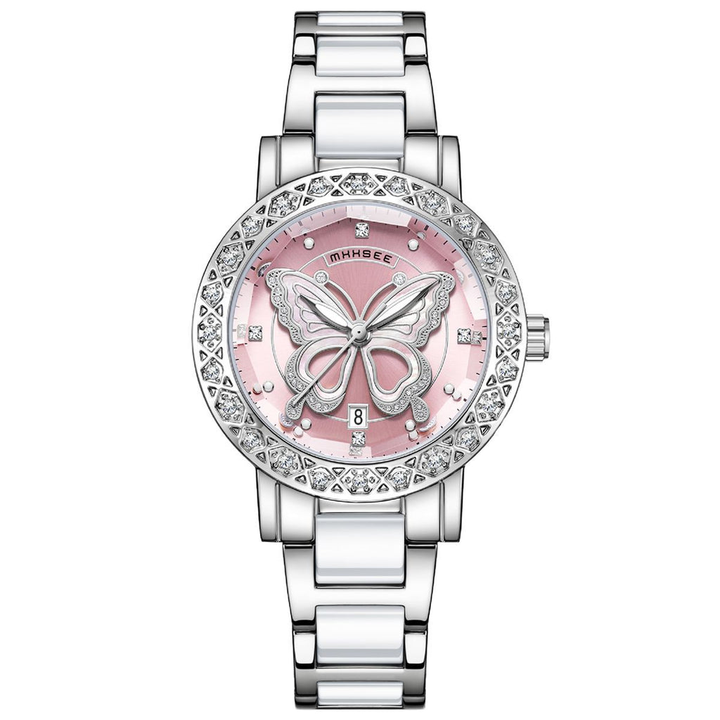 Montre de luxe pour femme ornée de diamants en forme de papillon, avec calendrier et bracelet en acier