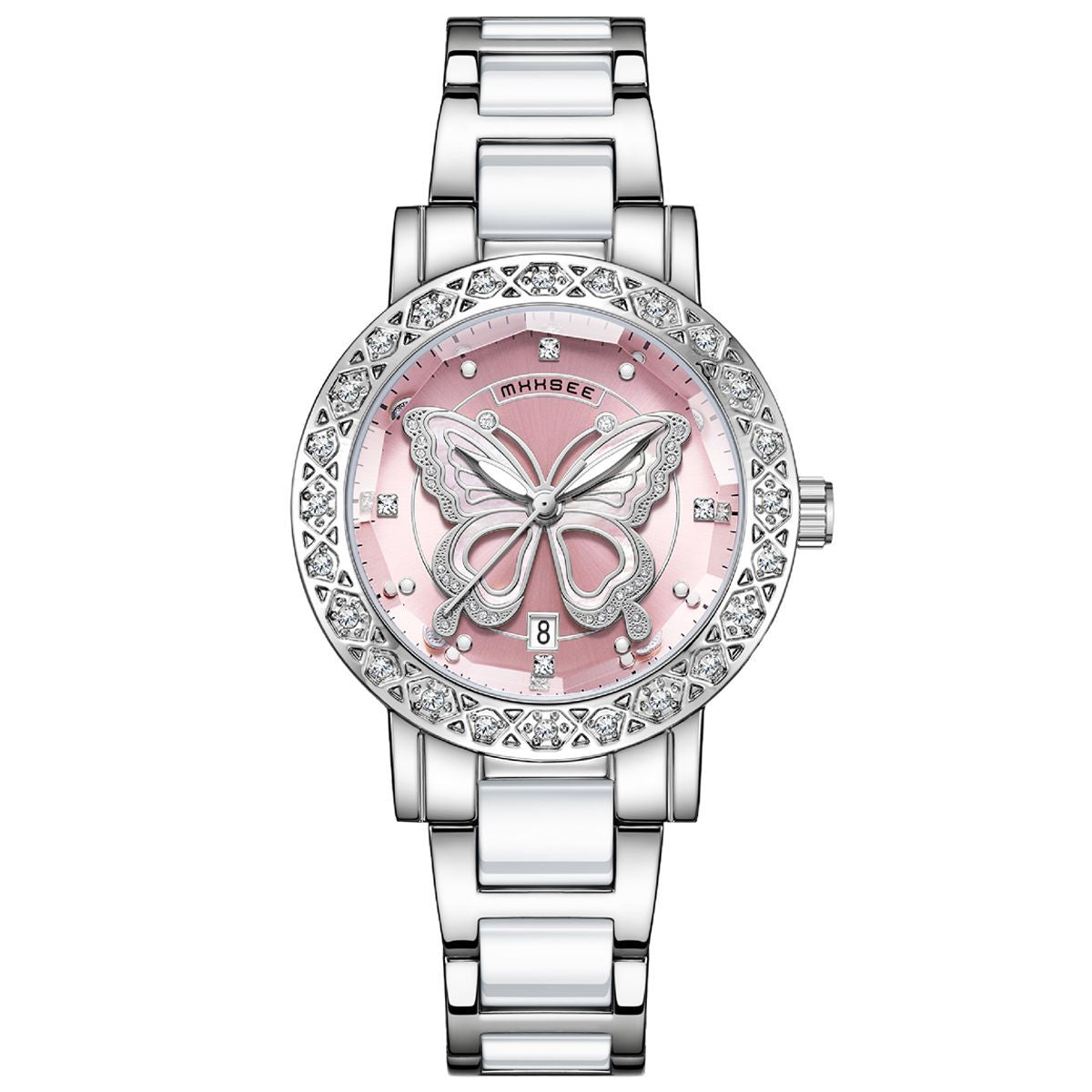 Montre de luxe pour femme ornée de diamants en forme de papillon, avec calendrier et bracelet en acier