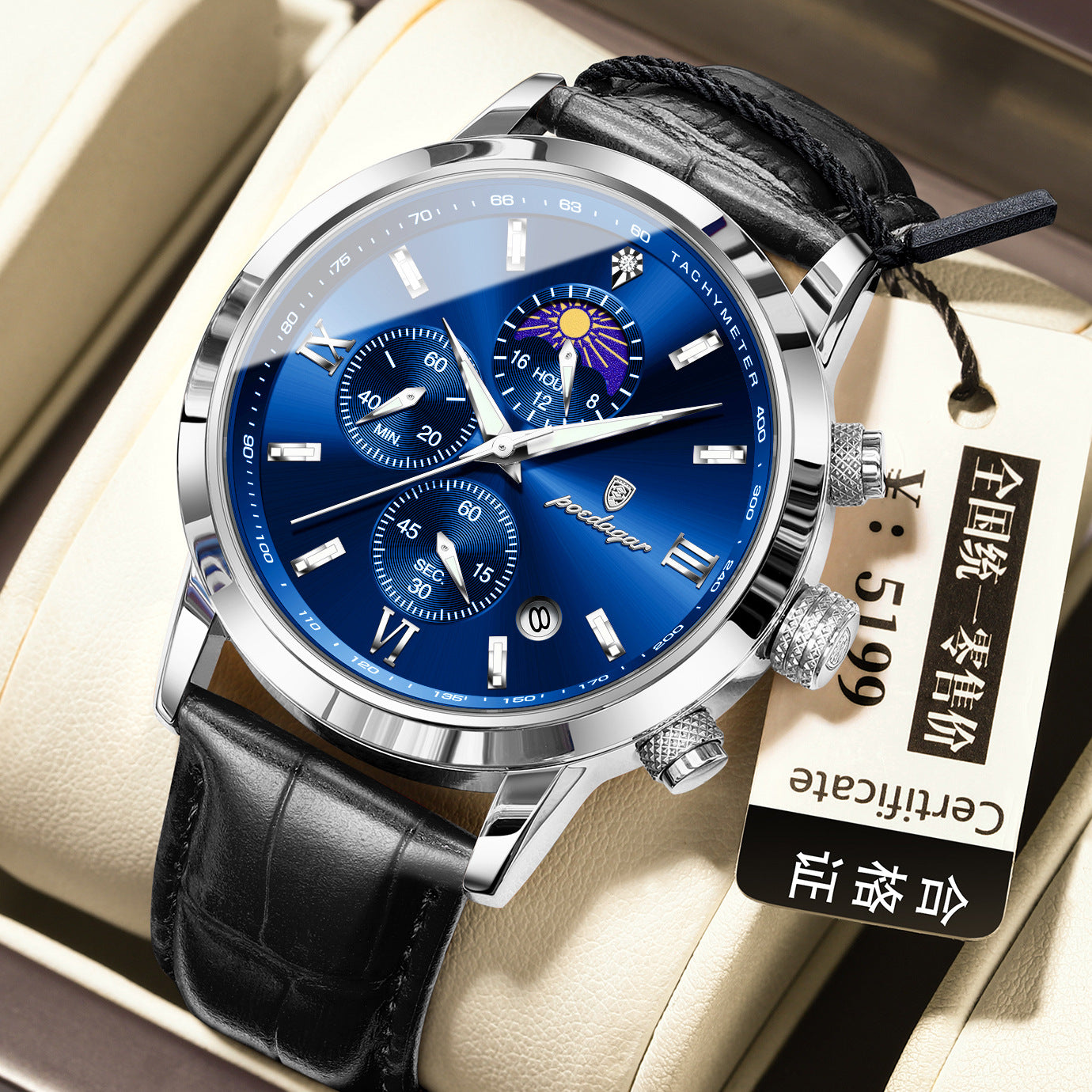 Montre homme avec phase de lune et chronographe multifonction