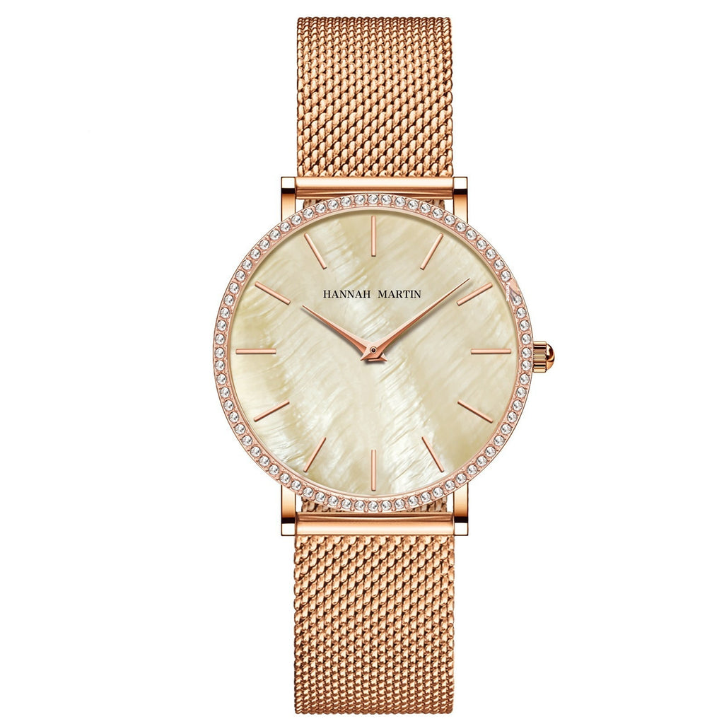 Montre à quartz pour femme en acier inoxydable, boîtier et bracelet entièrement en acier, cadran nacré serti de diamants