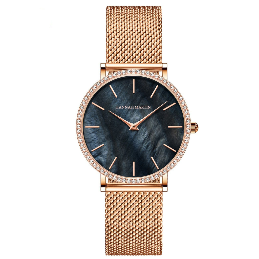 Montre à quartz pour femme en acier inoxydable, boîtier et bracelet entièrement en acier, cadran nacré serti de diamants