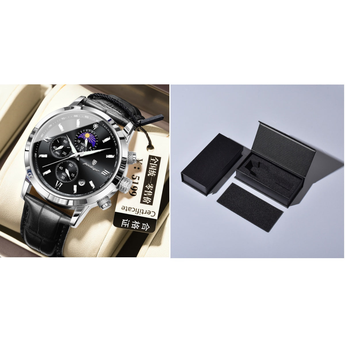 Montre homme avec phase de lune et chronographe multifonction