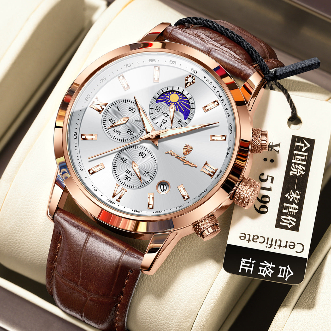 Montre homme avec phase de lune et chronographe multifonction