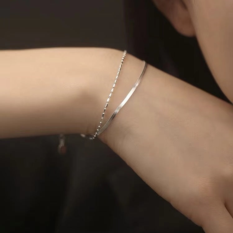 Bracelet double couche pour femme en chaîne serpent plate plaquée argent 925