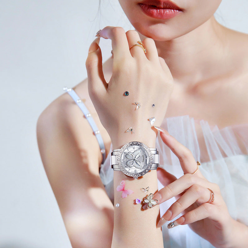 Montre de luxe pour femme ornée de diamants en forme de papillon, avec calendrier et bracelet en acier