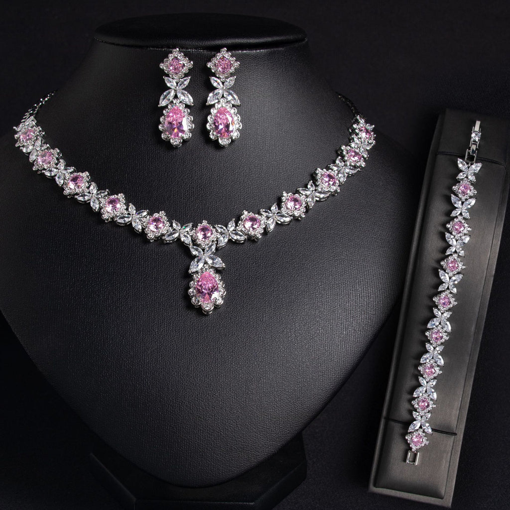 Parure de mariée trois pièces (collier, boucles d’oreilles et bracelet) en zircon, style européen et américain, pour robe de mariage