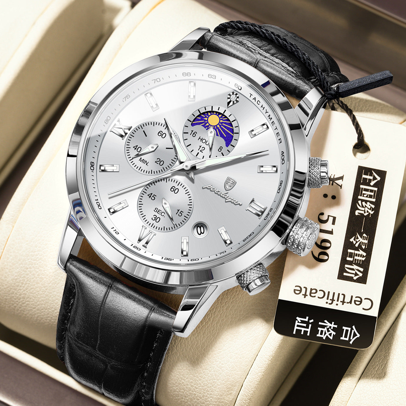 Montre homme avec phase de lune et chronographe multifonction
