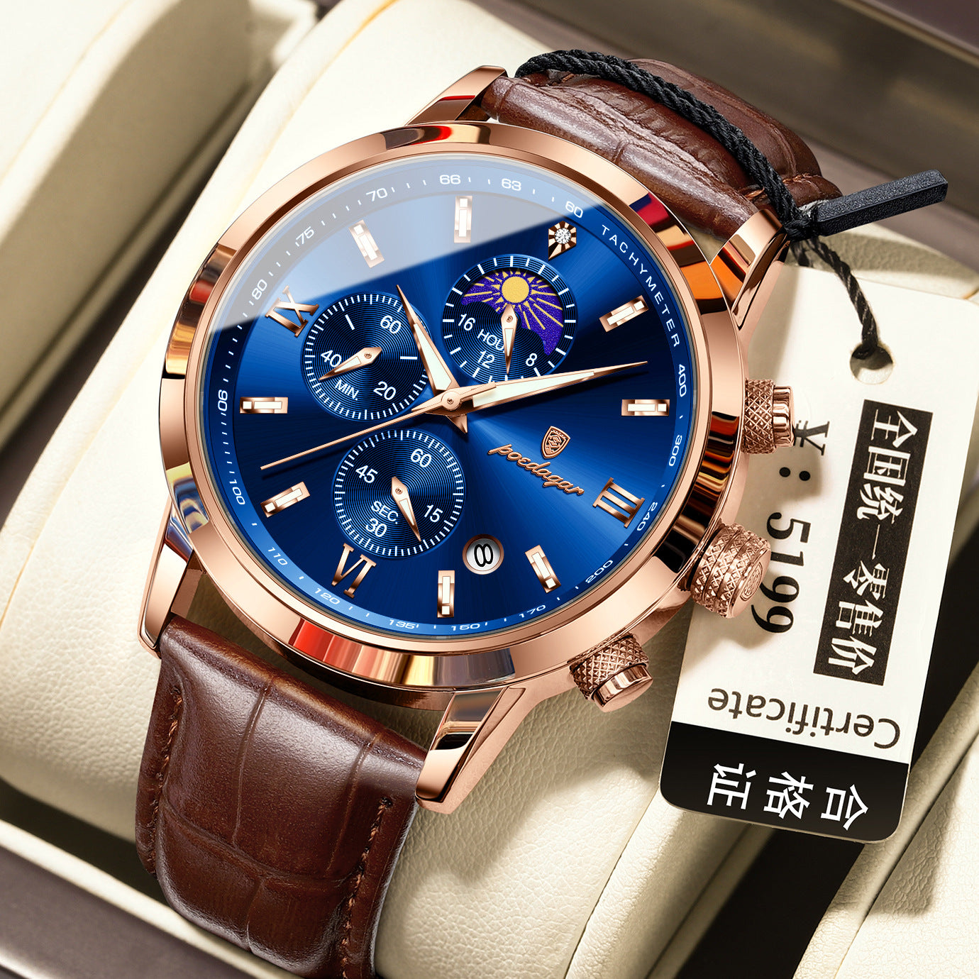Montre homme avec phase de lune et chronographe multifonction