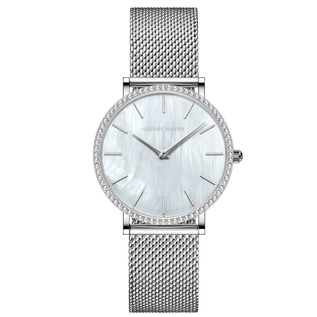 Montre à quartz pour femme en acier inoxydable, boîtier et bracelet entièrement en acier, cadran nacré serti de diamants