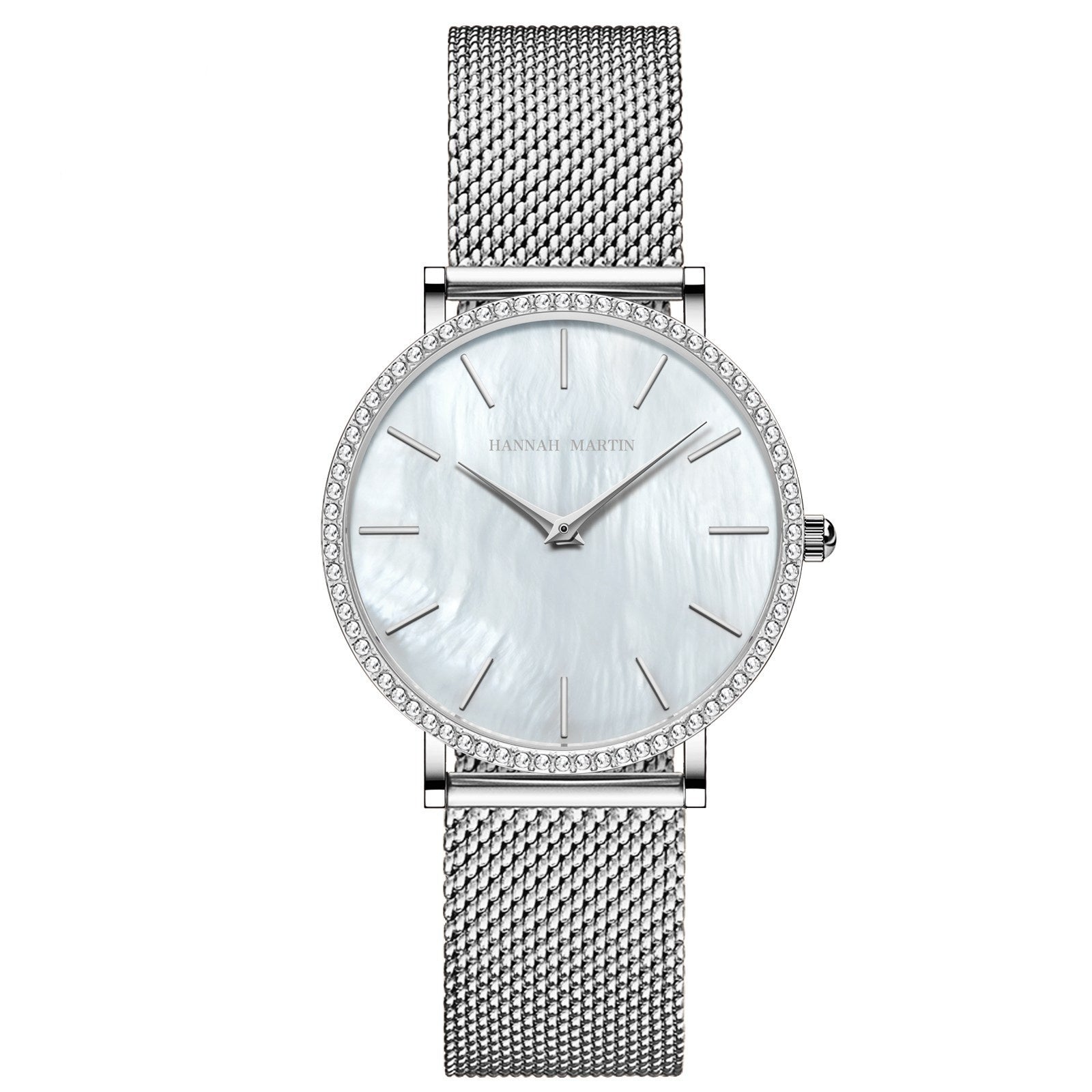 Montre à quartz pour femme en acier inoxydable, boîtier et bracelet entièrement en acier, cadran nacré serti de diamants