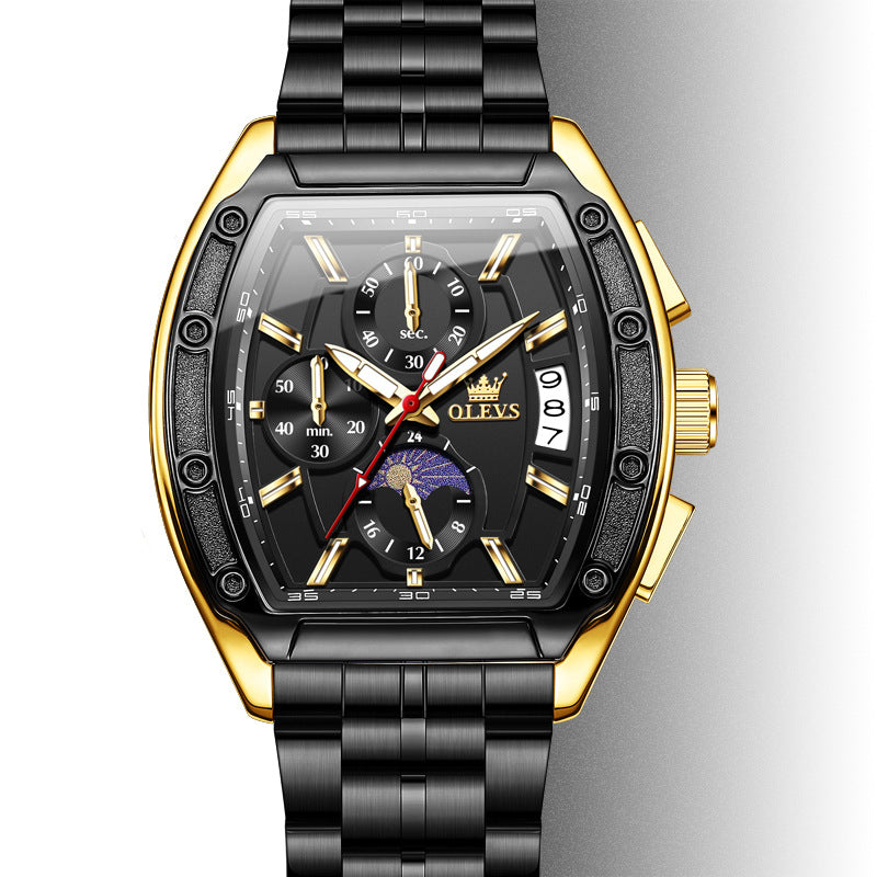 Montre homme à quartz, lumineuse, boîtier tonneau avec bracelet en acier.