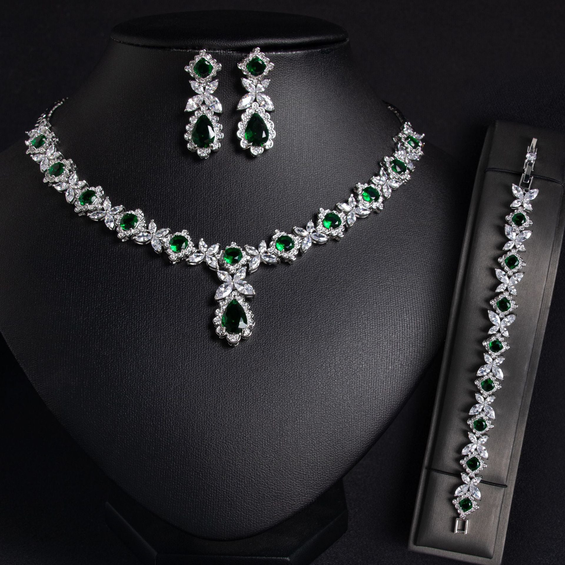 Parure de mariée trois pièces (collier, boucles d’oreilles et bracelet) en zircon, style européen et américain, pour robe de mariage