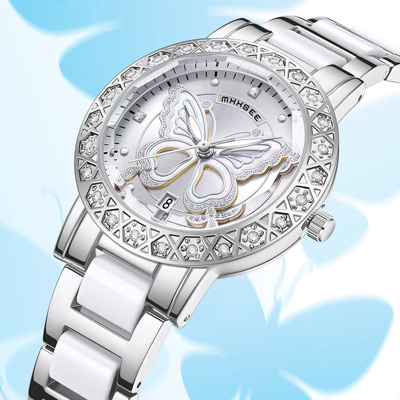 Montre de luxe pour femme ornée de diamants en forme de papillon, avec calendrier et bracelet en acier