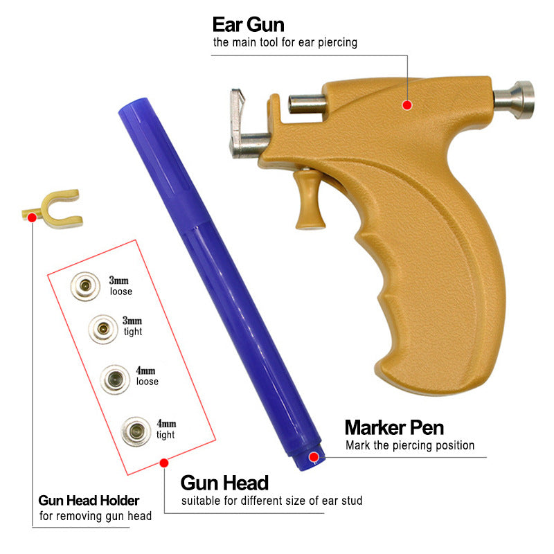 Pistolet à piercing pour oreilles avec clous en acier inoxydable.
