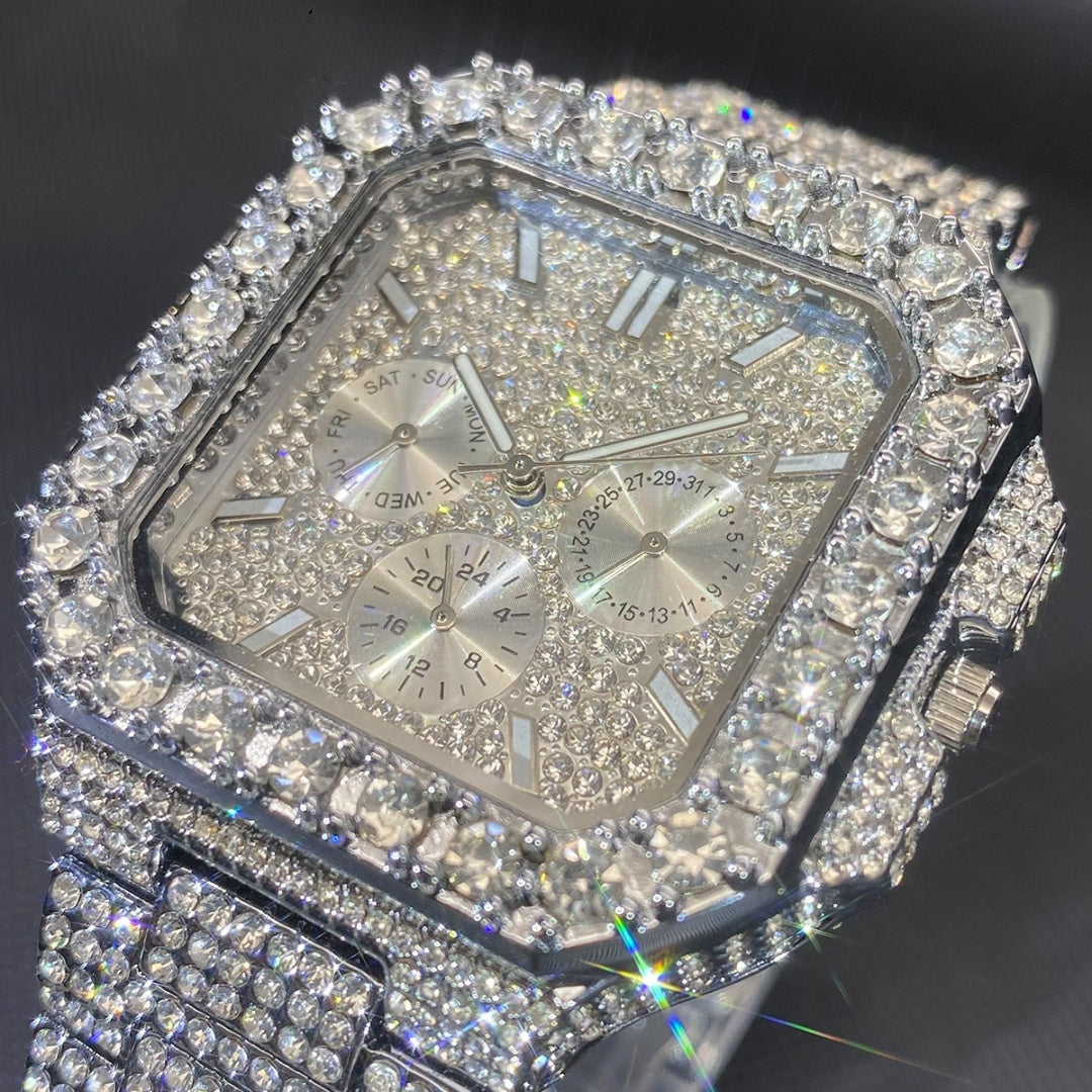 Montre homme hip-hop de style européen et américain, carrée, entièrement incrustée de diamants, multifonctionnelle