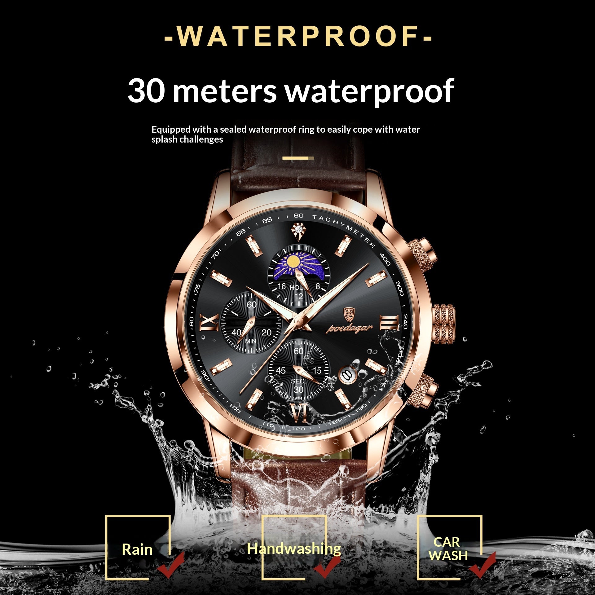 Montre homme avec phase de lune et chronographe multifonction